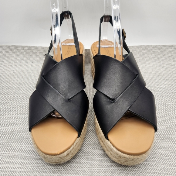 Soludos Amalfi Size 9 Black Leather Platform Sandals Heel Slingback Boho Sisal - Picture 2 of 16